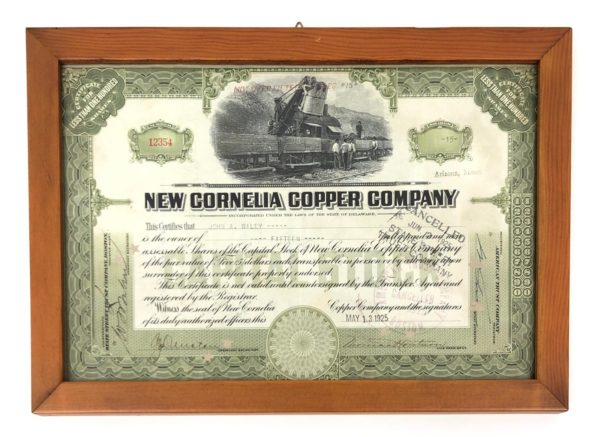 Quadro Certificato Azionario New Cornelia Copper Company 1925 - AUC3556