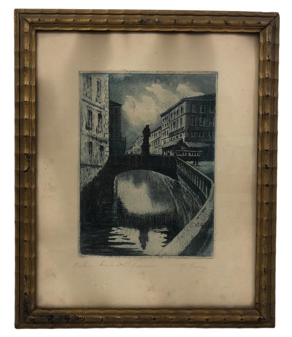 Illustrazione a Penna Copertura Del Naviglio 1931 Firmata con Cornice in Legno - AUC7954