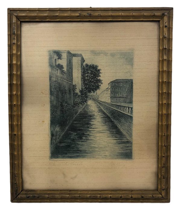 Illustrazione a Penna Copertura Del Naviglio 1931 Firmata con Cornice in Legno - AUC7955